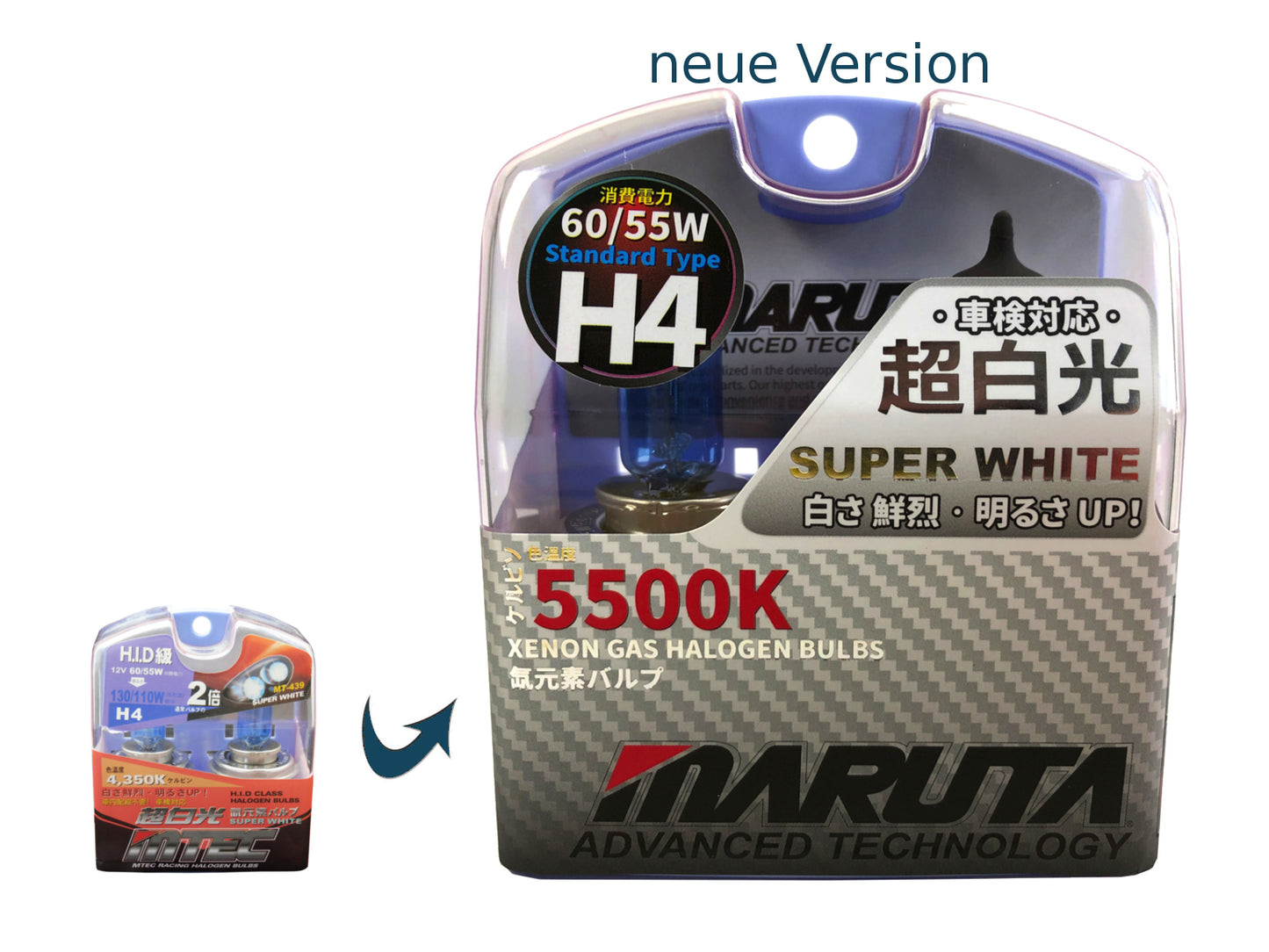 MARUTA SUPER WHITE H4 60/55W Halogenlampe für Abblendlicht, Fernlicht, 5500K Xenon-Effekt, langlebige hochwertige Xenon-Gas Quarzglas Birne, ECE Prüfzeichen - designed in Japan! - Bild 8