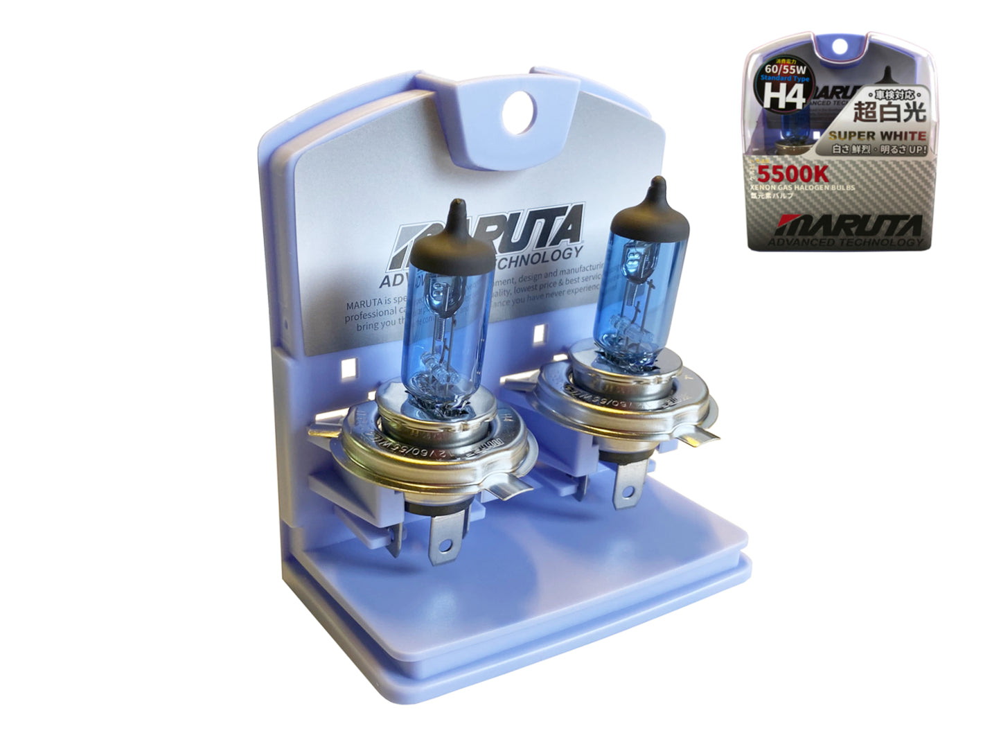 MARUTA SUPER WHITE H4 60/55W Halogenlampe für Abblendlicht, Fernlicht, 5500K Xenon-Effekt, langlebige hochwertige Xenon-Gas Quarzglas Birne, ECE Prüfzeichen - designed in Japan! - Bild 2