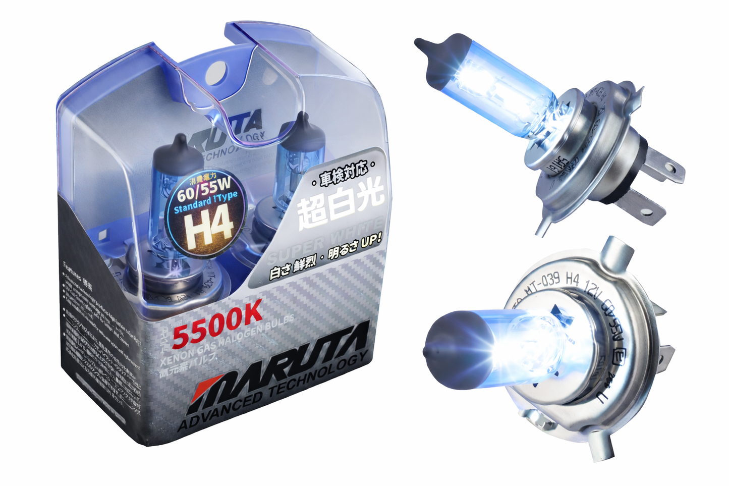 MARUTA SUPER WHITE H4 60/55W Halogenlampe für Abblendlicht, Fernlicht, 5500K Xenon-Effekt, langlebige hochwertige Xenon-Gas Quarzglas Birne, ECE Prüfzeichen - designed in Japan! - Bild 1
