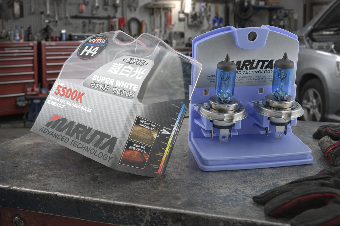 MARUTA SUPER WHITE H4 60/55W Halogenlampe für Abblendlicht, Fernlicht, 5500K Xenon-Effekt, langlebige hochwertige Xenon-Gas Quarzglas Birne, ECE Prüfzeichen - designed in Japan! - Bild 3