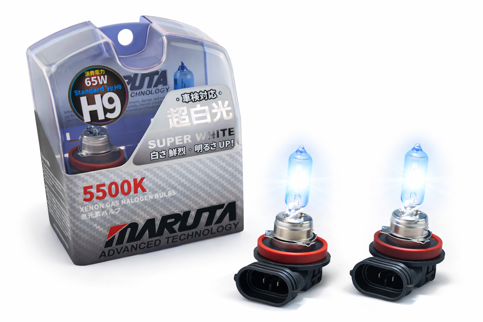 MARUTA SUPER WHITE H9 12V 65W 5500K Xenon-Effekt Halogenlampe - designed in Japan - für Scheinwerfer, Fern-, Nebel-, Tagfahrlicht, langlebige hochwertige Xenon-Gas Quarzglas Birne, ECE Prüfzeichen - Bild 1