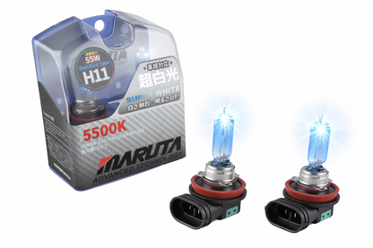 MARUTA SUPER WHITE H11 12V 55W 5500K Xenon-Effekt Halogenlampe - designed in Japan - Scheinwerfer, Nebellicht & Tagfahrlicht, langlebige hochwertige Xenon-Gas Quarzglas Birne, ECE Prüfzeichen - Bild 1